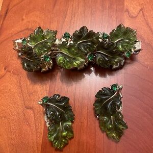 Lisner, Green, Vintage, 1950s, Bracelet, Clip-On Earrings, Maple Leaf